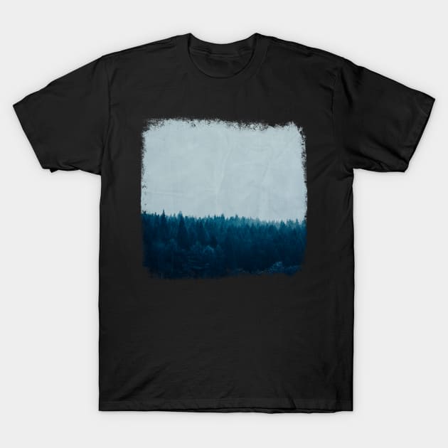 Forest Blues - Blue Tinted Foggy Woods T-Shirt by DyrkWyst